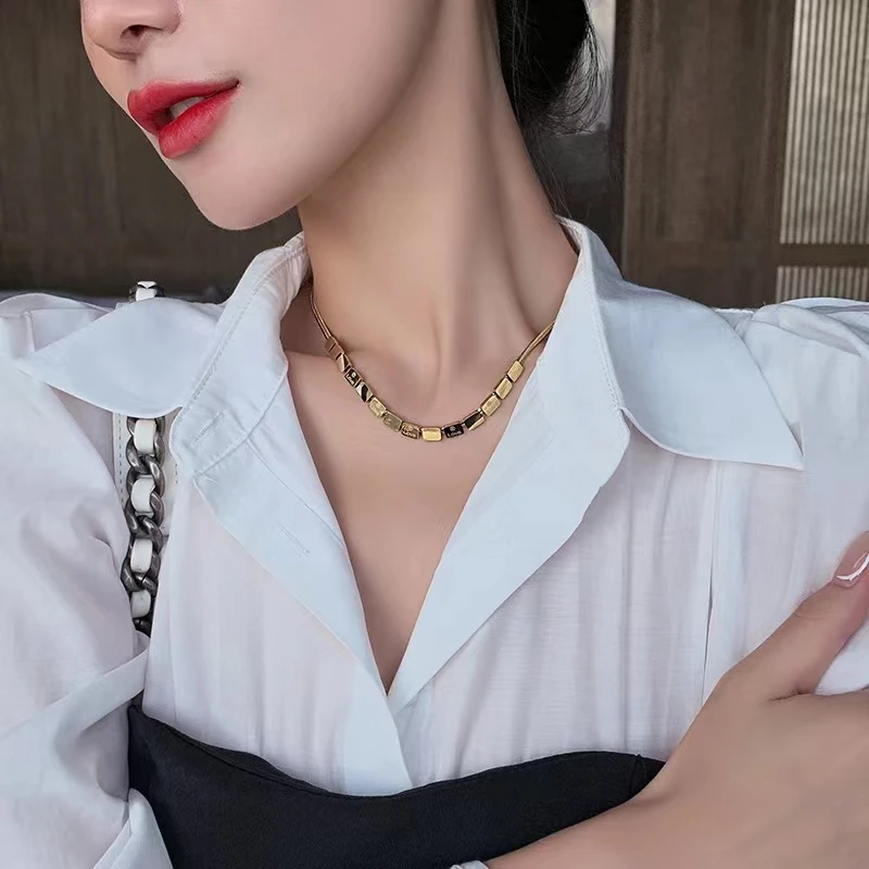 卓倪奢 钛钢项链 小方块蛇骨项链气质简约时尚百搭素款锁骨链金色