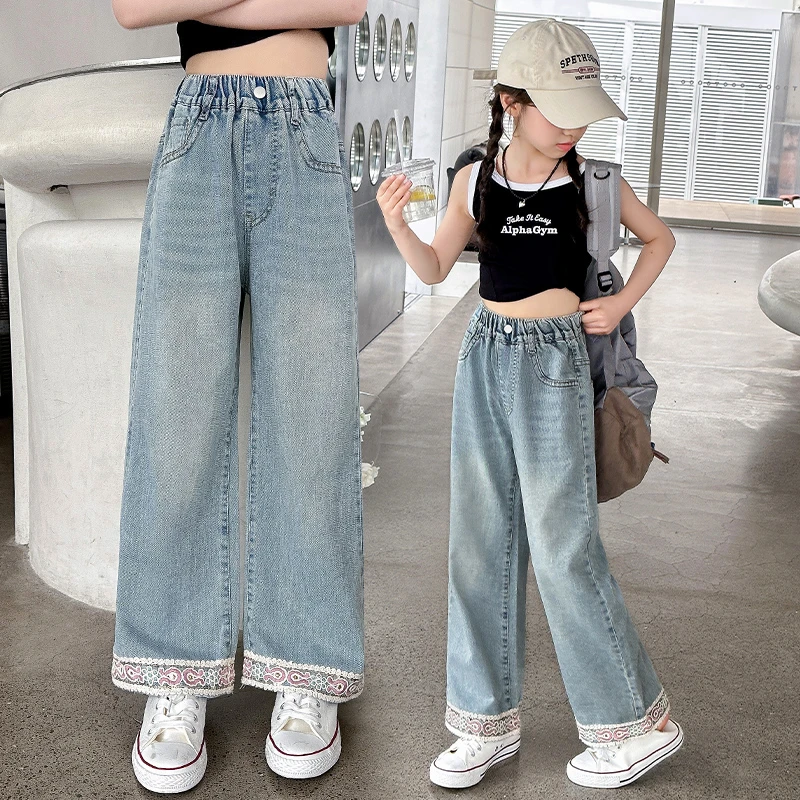 夏季女童薄款软牛仔阔腿裤2024新款休闲宽松透气直筒显瘦裤子潮