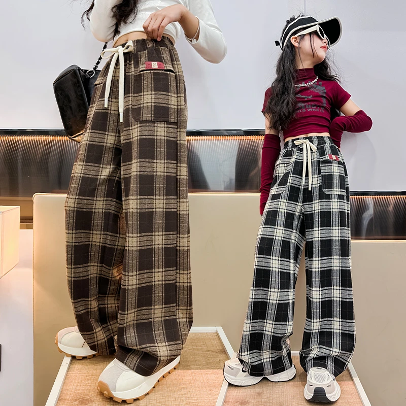 女童裤子春秋冬款2024新款女孩时髦格子洋气中大童休闲宽松阔腿裤