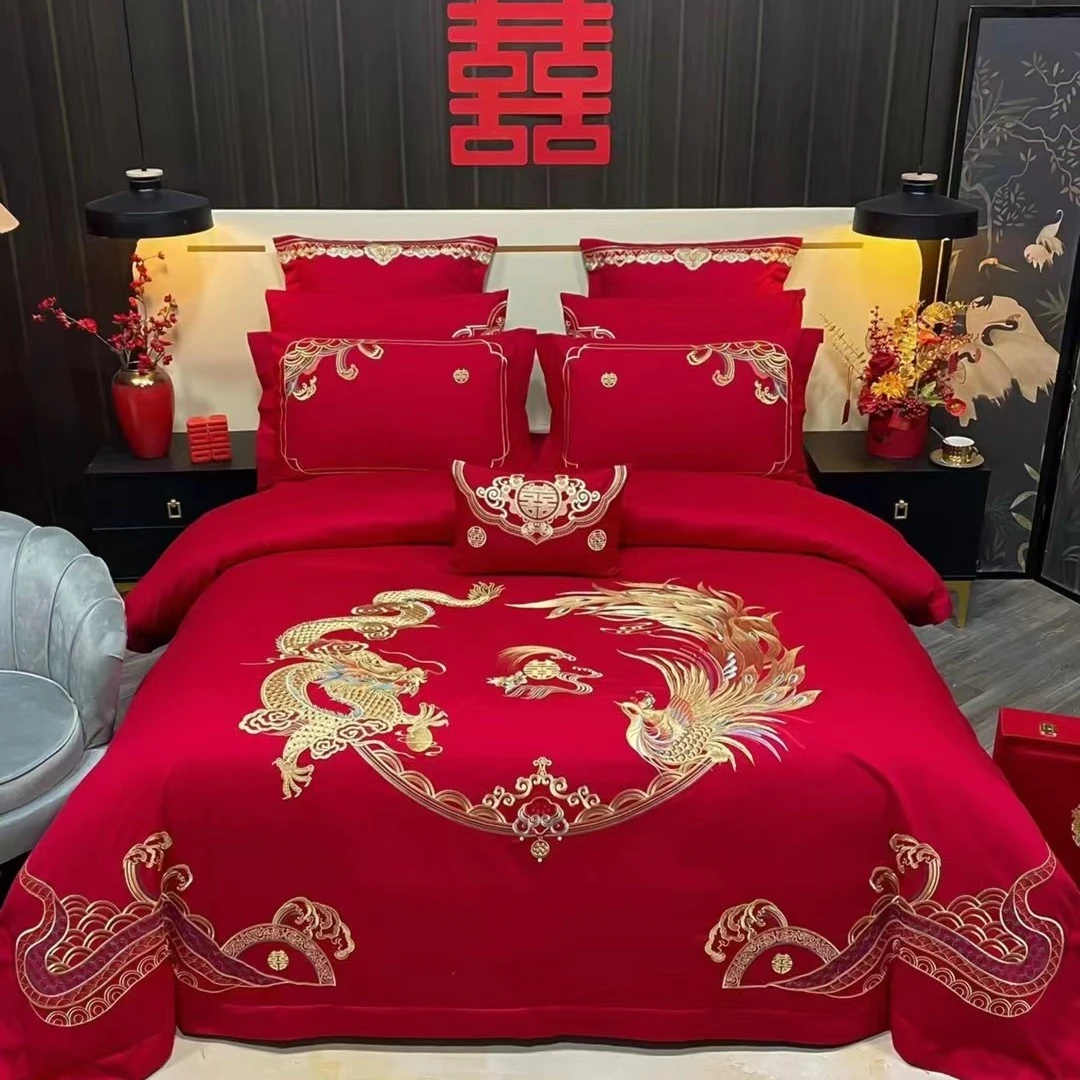 全棉四件套被套结婚刺绣婚庆绣花大红色床上用品大红喜被多件套