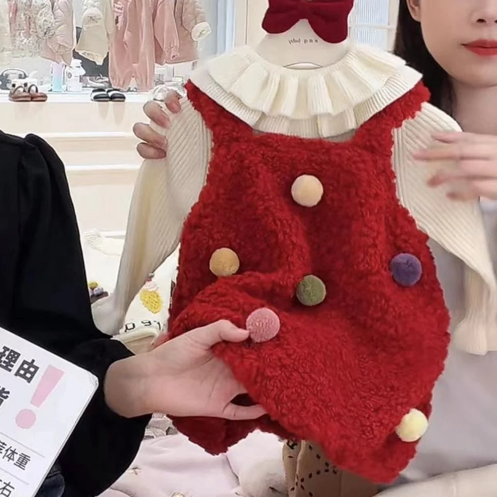 女宝宝可爱连衣裙2023冬装女童加绒加厚花苞圣诞元背心裙子