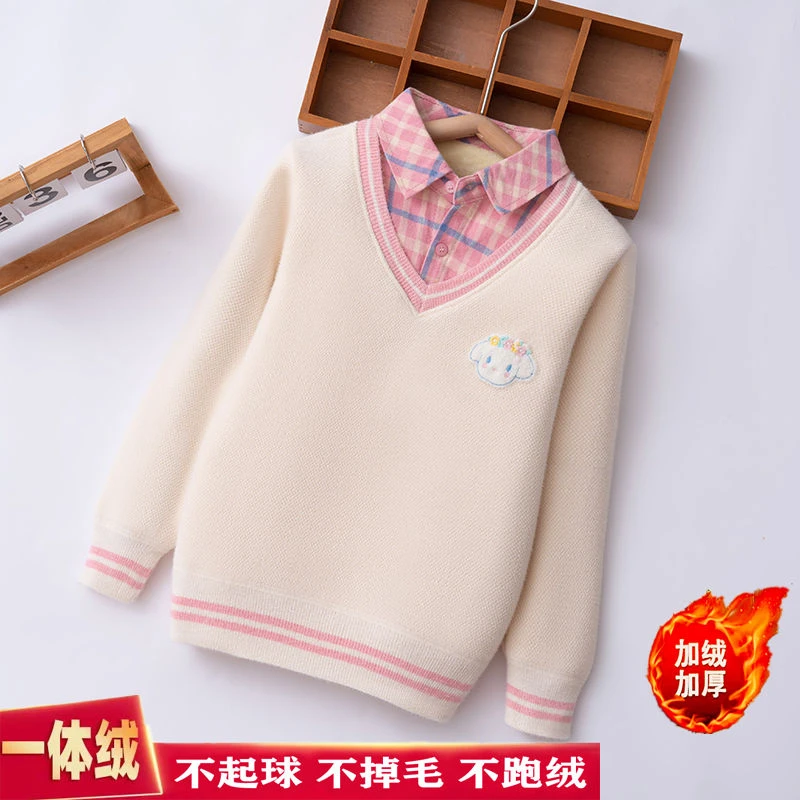 女童毛衣假两件秋冬装2023新款儿童中大童女孩洋气一体绒打底衫潮