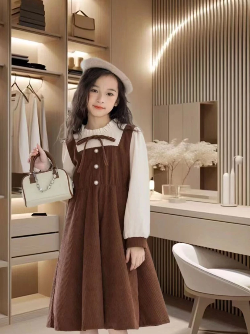 女童冬季裙子加绒连衣裙2023秋冬甜美学生装灯芯绒公主裙大童裙子