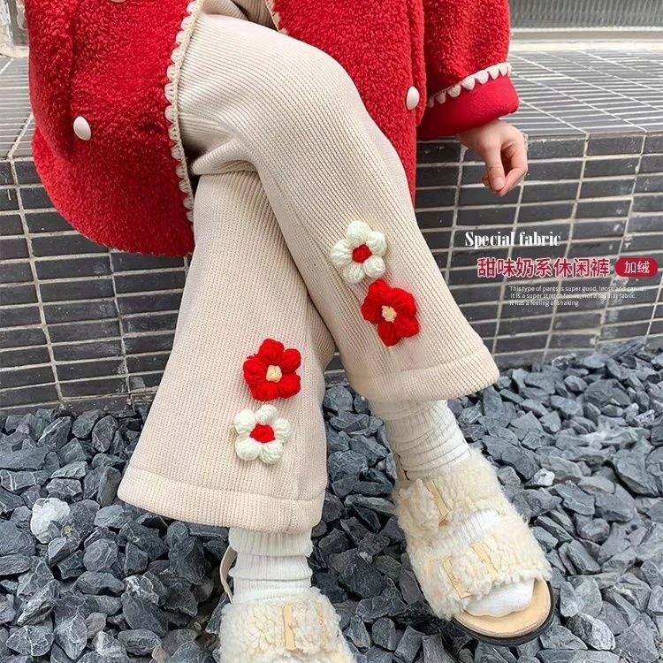 优选女童加绒裤子冬装洋气儿童花朵灯芯绒加厚小女孩秋冬季条绒裤