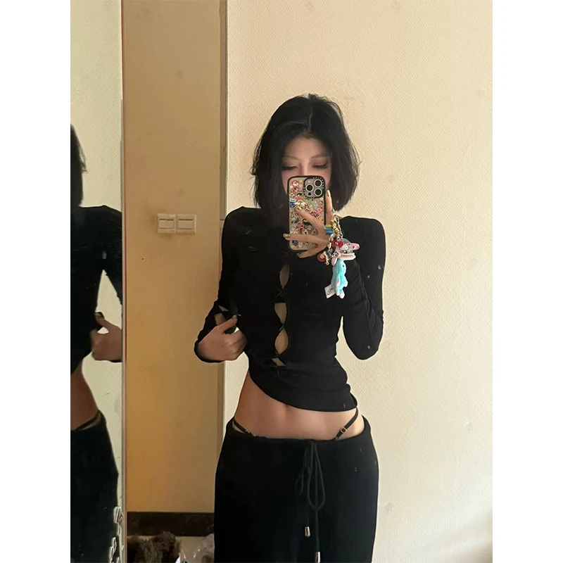 2024秋季新款ins气质御姐范设计感镂空修身长袖上衣女配高腰长裤