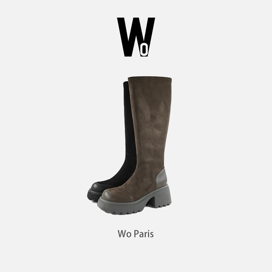 【 韩系瘦瘦靴】增高直筒拼接小个子增高不过膝绒面长靴D731609-1