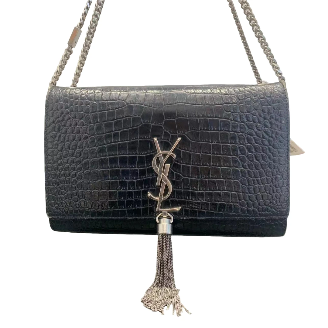 95新 YSL/圣罗兰 YSL/圣罗兰 黑银中号流苏斜挎包97新bwz6990