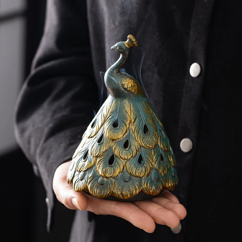 描金孔雀炉摆件香炉多用玄关雅致香薰4小时盘香青绿香炉酒店香薰