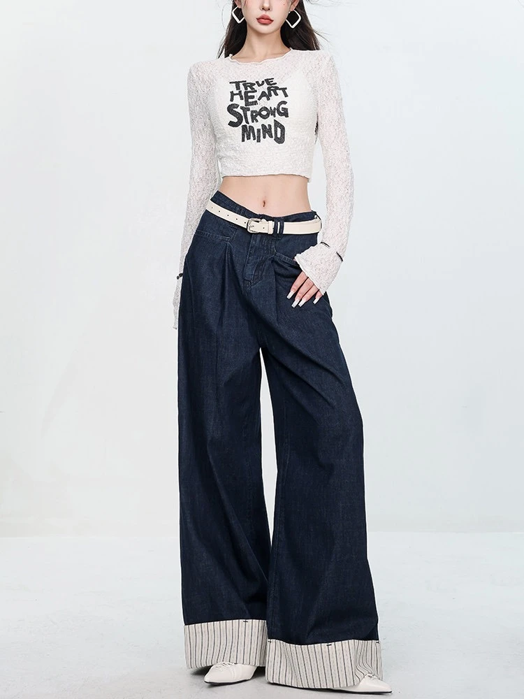 高腰阔腿显瘦美式直筒夏季复古宽松破洞高腰阔腿显瘦美式牛仔裤