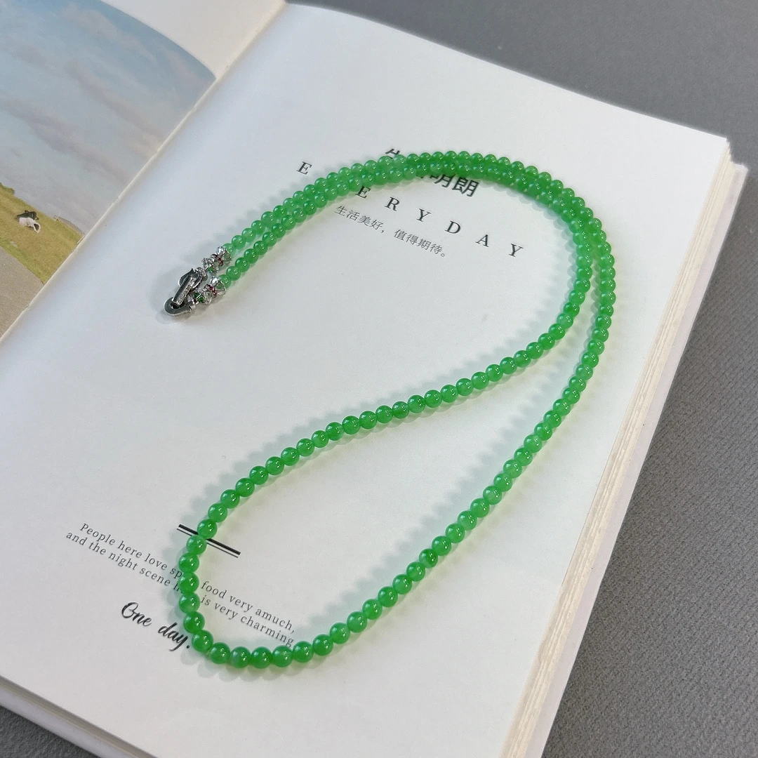 天然缅甸翡翠米珠链配18K金扣头（3-4MM）