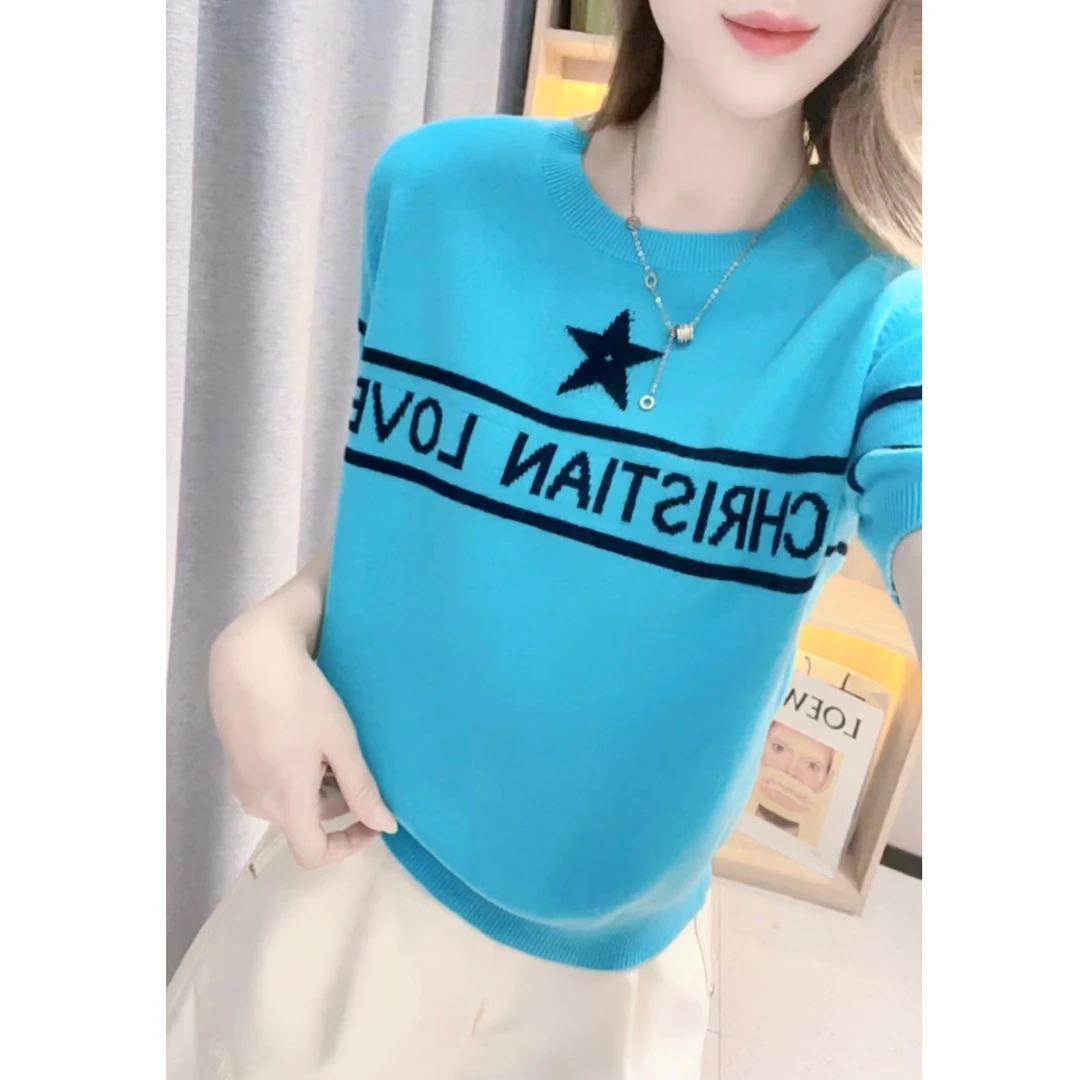 JL【字母五角星短袖全羊毛】2025新款时尚休闲短袖针织衫-W