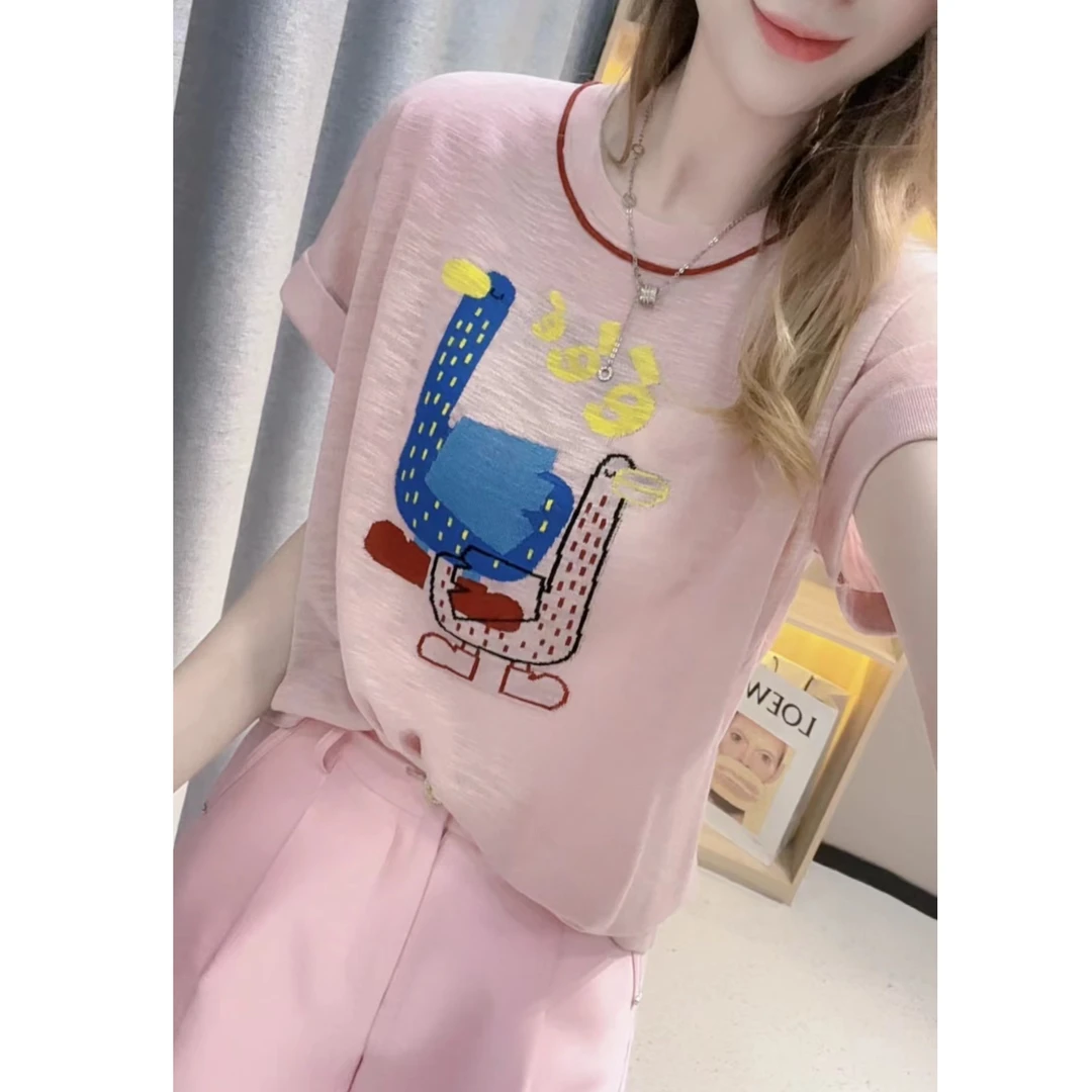 JL【卡通小鸭子圆领短袖】2024夏季新款休闲宽松针织衫上衣