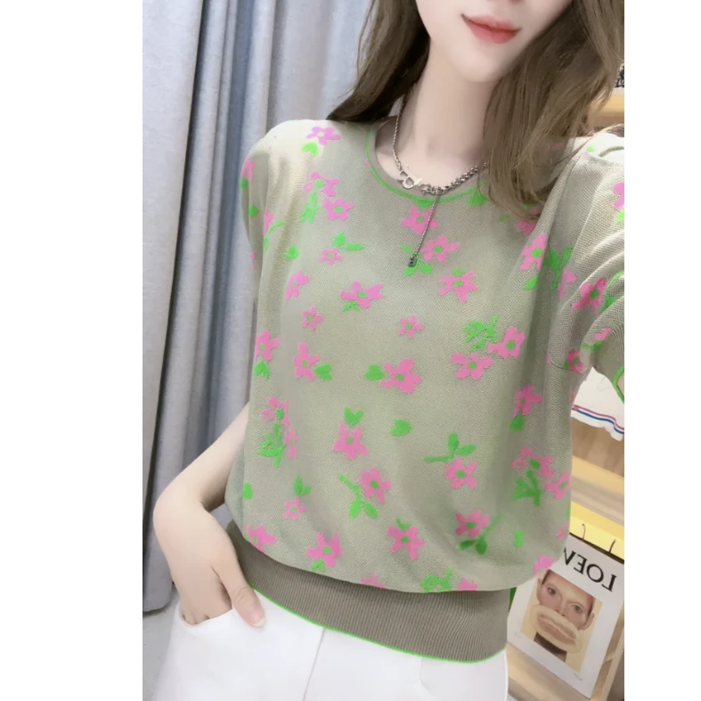 JL【花朵提花圆领短袖】夏季新款圆领短袖上衣
