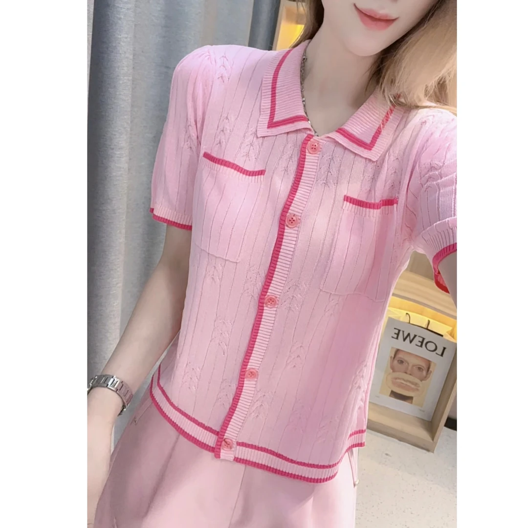 JL【撞色边翻领短袖小开衫】新款时尚设计感针织衫上衣-E