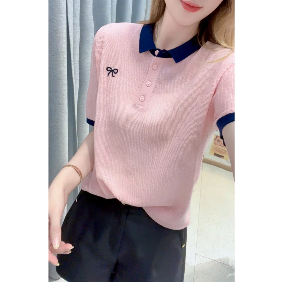 JL【刺绣蝴蝶结翻领】2025夏季新款气质百搭桑蚕丝针织衫上衣