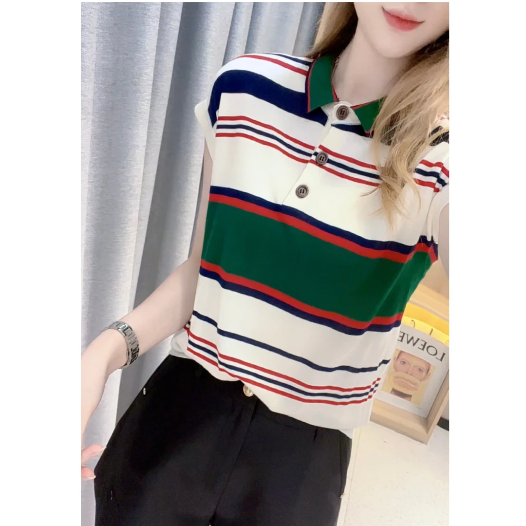 JL【气质翻领撞色条纹】夏季新款时尚短袖天丝上衣-E