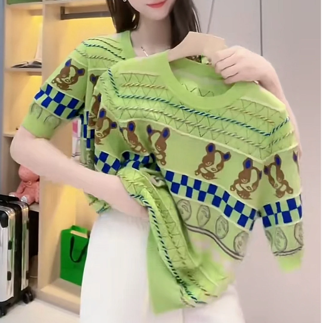 JL【提花卡通小狗圆领短袖】春季新款针织上衣-E