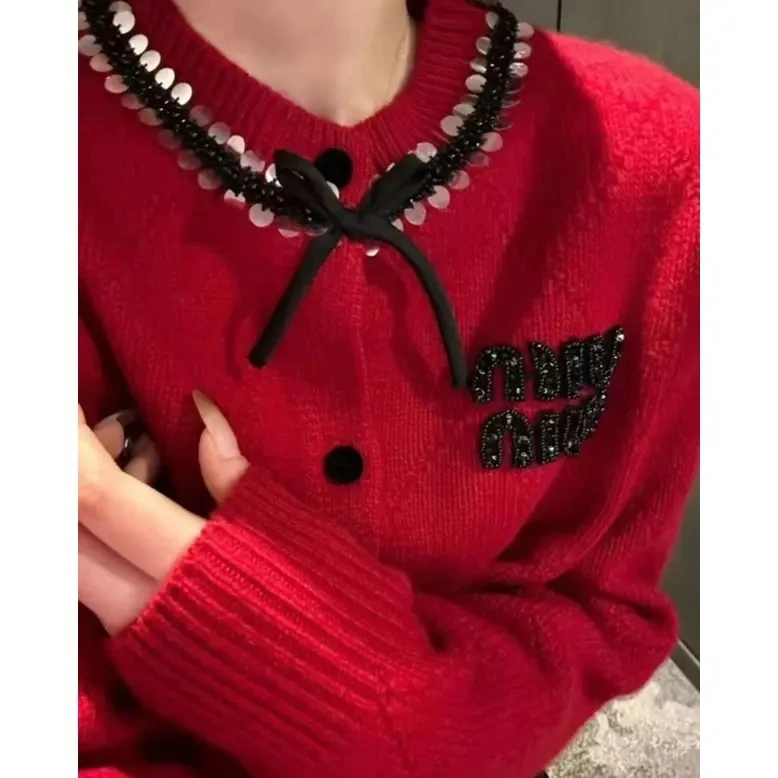 JL 【M字母蝴蝶结镶钻全羊毛】秋季新款百搭针织羊毛衫开衫