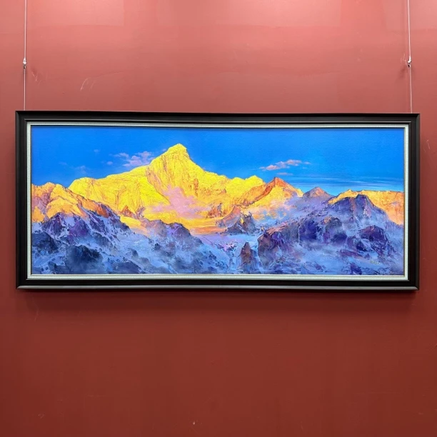 【日照金山】原创油画金山雪山限量肌理版画 带实木框95×215cm