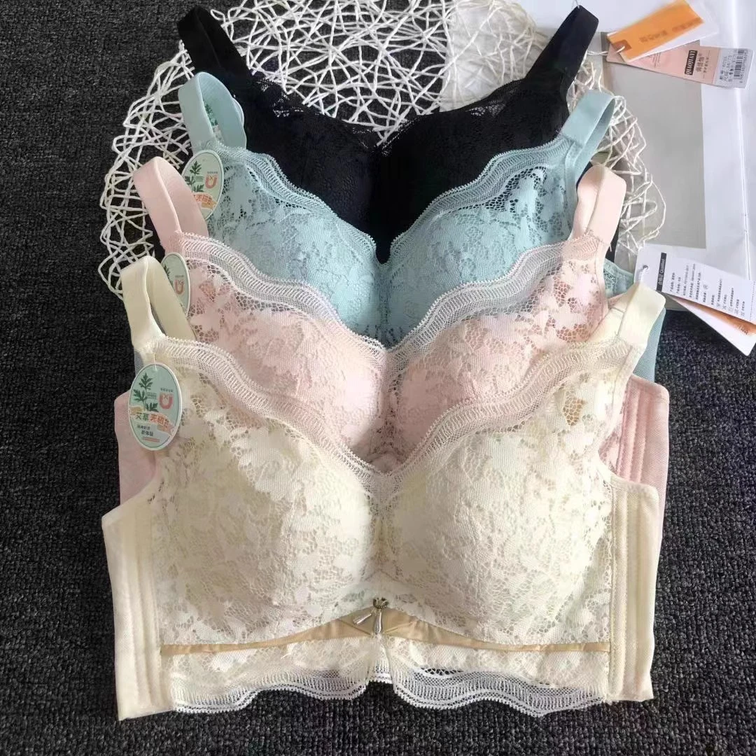 女士文胸蕾丝上薄下厚中厚杯小胸调整型透气上托文胸罩舒适内衣