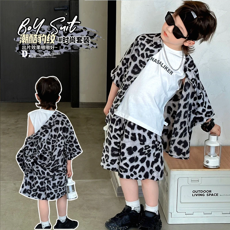 男童童装儿童痞帅炸街豹纹衬衫短袖短裤薄款中小童男童夏季套装