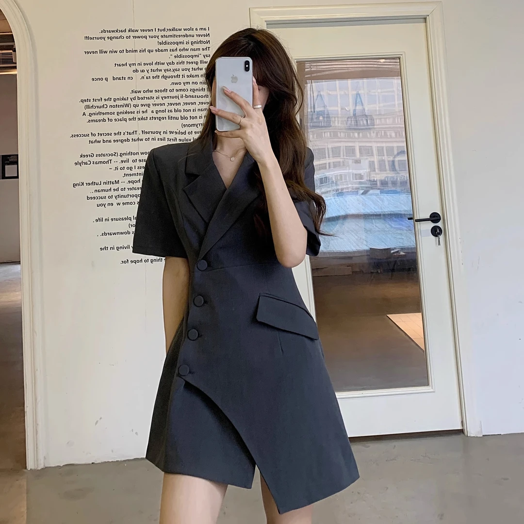 041大码女装新款设计感别致不规则收腰显瘦连衣裙气质短袖西装裙