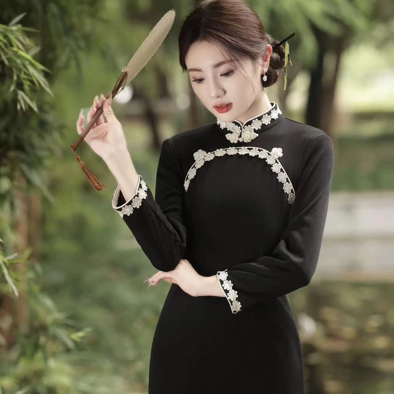 梦路 T510 冬季新款 冷雨夜 裙长115 加绒加厚长袖旗袍