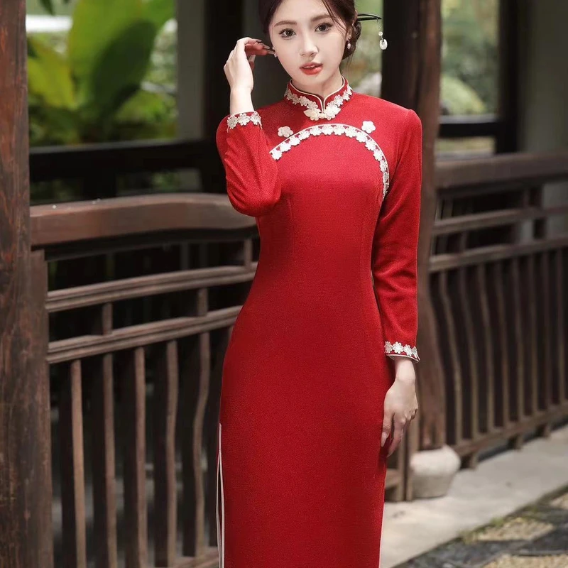 梦路 T511 冬季新款 红灯笼 裙长115 加绒加厚长袖旗袍