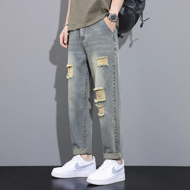 春季宽松哈伦薄款破洞直筒潮流牛仔裤夏季复古美式休闲百搭男裤