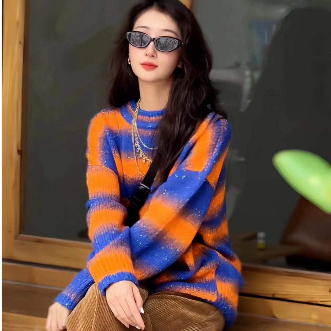 GIRDEAR/哥弟新款国风减龄撞色慵懒条纹拼色厚款针织衫1399648