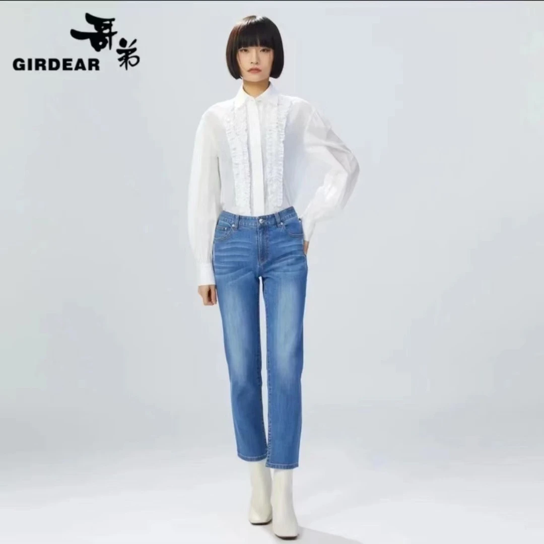 GIRDEAR/哥弟新款休闲宽松直筒开叉烟管牛仔裤1100386-329732-001