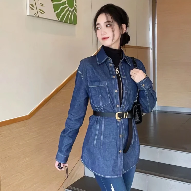 GIRDEAR/哥弟丹宁风显瘦休闲气质百搭收腰中长款牛仔外套1300835