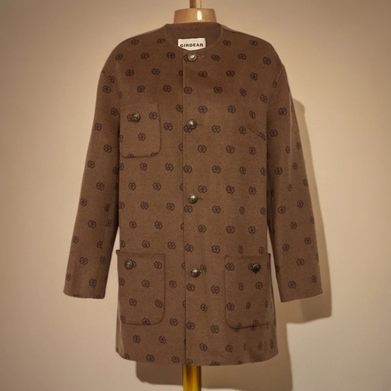 GIRDEAR/哥弟新款印花时尚H版绵羊毛双面呢大衣外套1400725休闲