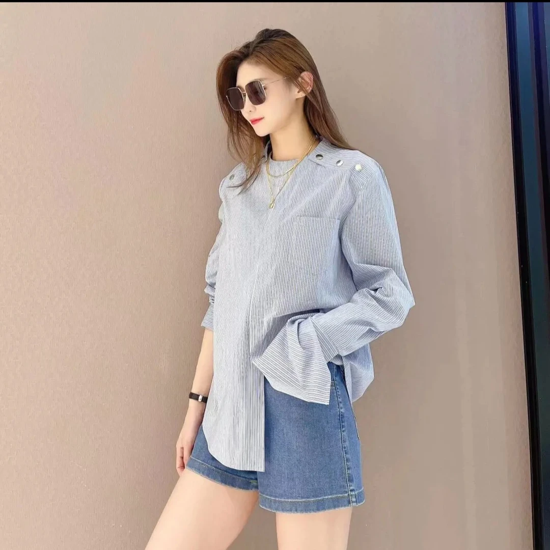 GIRDEAR/哥弟宽松百搭时尚显瘦休闲设计肩章小众条纹衬衫1300817