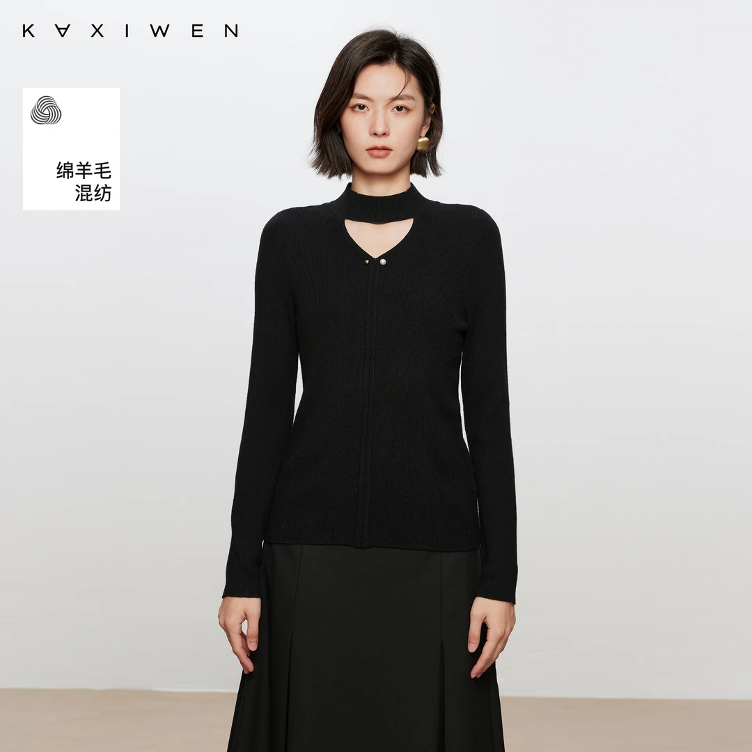 【爆款直降】设计感针织衫修身镂空V领珍珠装饰上衣X09AZS8561