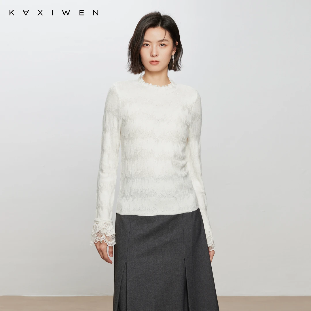 佧茜文优雅蕾丝花边针织衫秋冬新款嵌花喇叭袖上衣女D08CZN9512