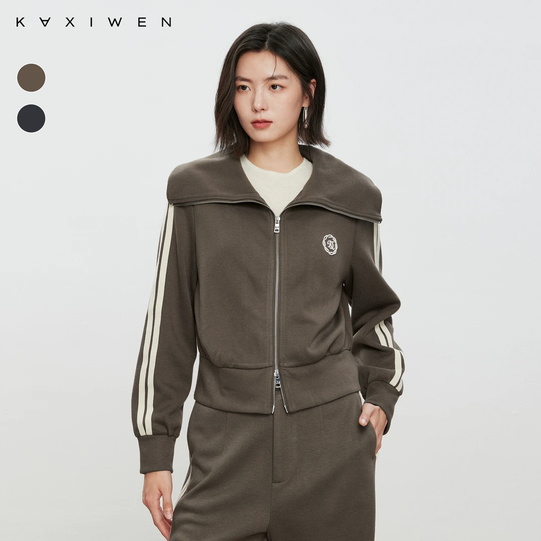 佧茜文休闲运动风外套秋冬新款海军领条纹织带上衣X09AWS8071