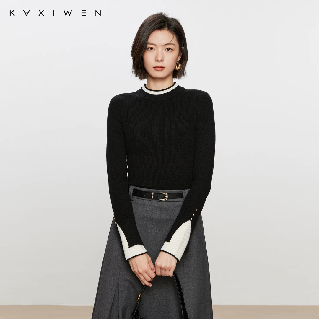 佧茜文假两件拼色时尚潮流上衣女秋冬新款宽松打底衫D09AZN9551