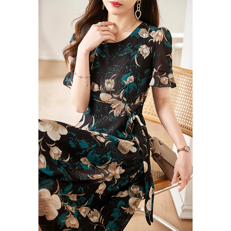 【安安补贴】短袖雪纺连衣裙女夏2025新款显瘦中长款碎花裙气质裙子