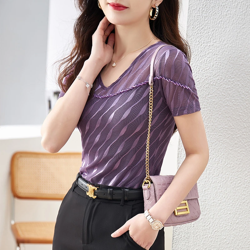 短袖网纱上衣女夏2025年新款网纱薄款显瘦百搭时尚气质t恤小衫女