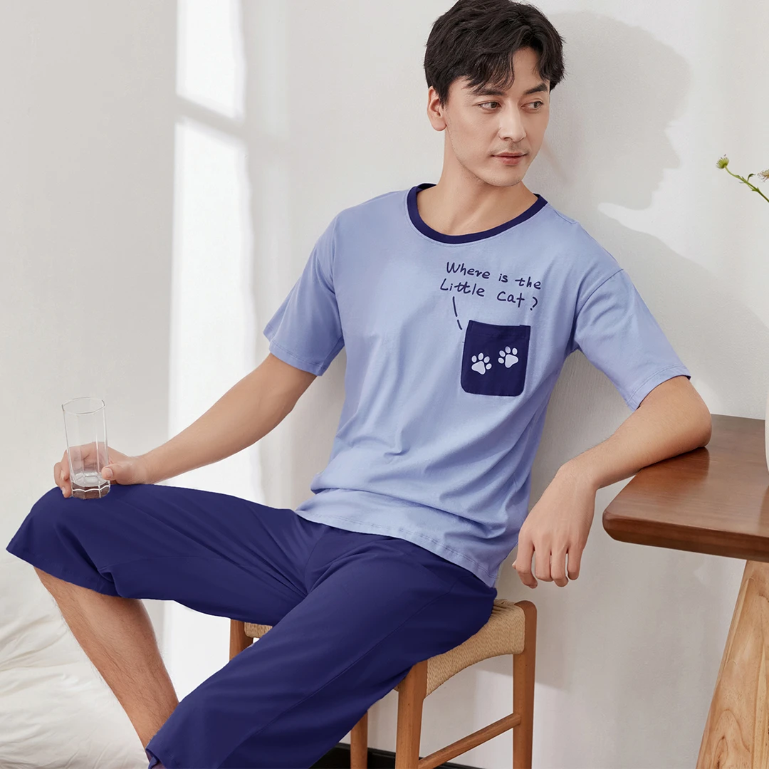顶瓜瓜夏季睡衣男纯棉短袖七分裤圆领印花全棉家居服条纹透气套装