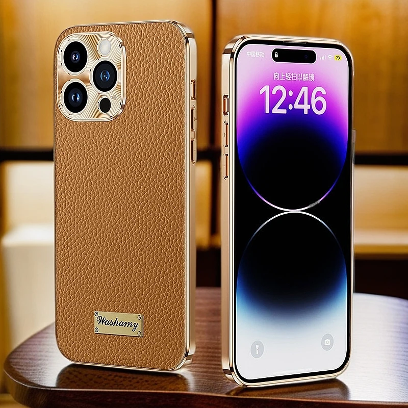 适用iPhone16/15/14/13系列精孔真皮电镀手机壳苹果全包牛皮套Pro