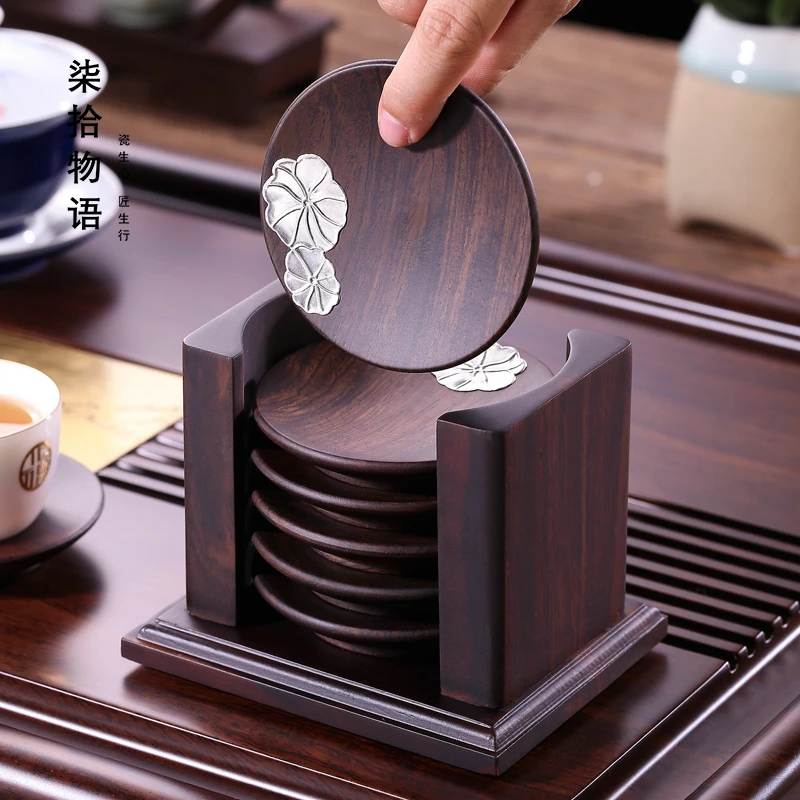 黑檀实木茶杯垫 杯托茶杯架隔热垫碗垫功夫茶具垫茶托组圆形6片装