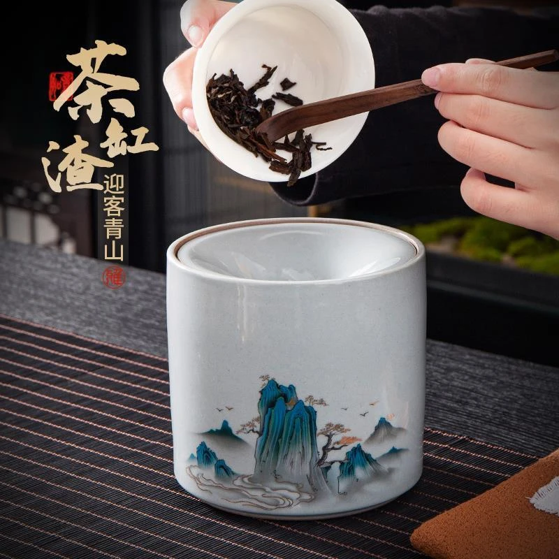 柒拾物语陶瓷废水桶建水干泡茶具配件桌面茶渣缸带盖防飞灰烟灰缸