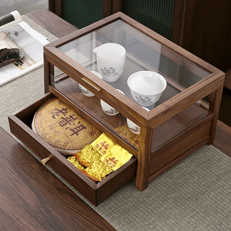 胡桃木茶具收纳盒防尘玻璃柜紫砂壶茶杯置物架子茶道用品配件高档