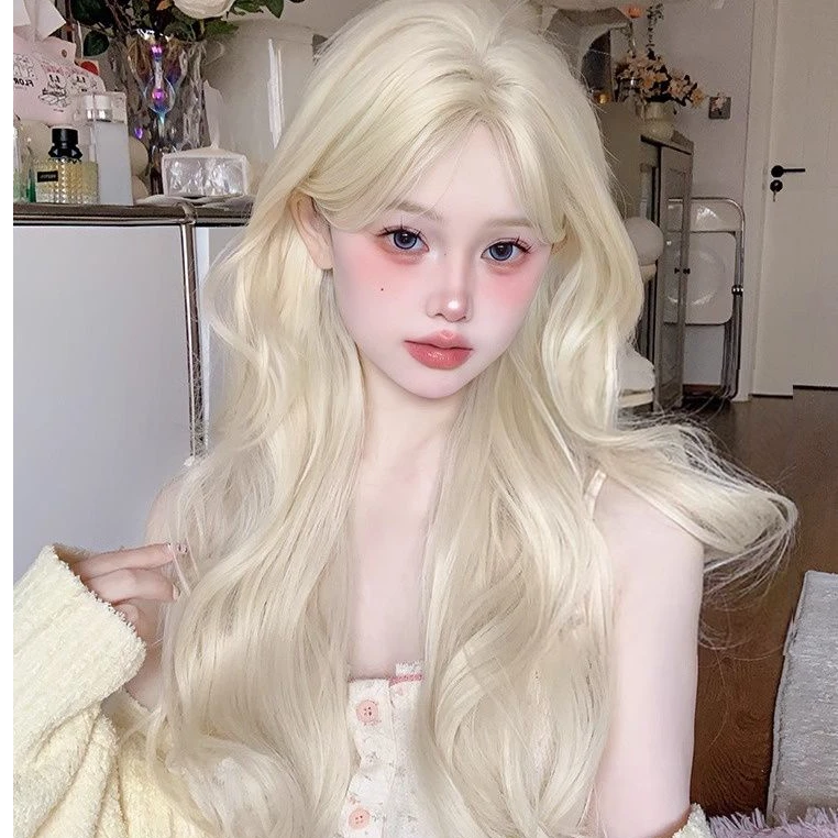 假发女长发夏自然白金色八字刘海rose同款长卷发中分大波浪全头套