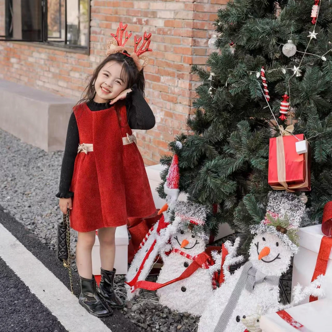 【玛丽公主】女童毛衣裙2024秋冬新款公主A字裙加厚红色宝宝背心裙
