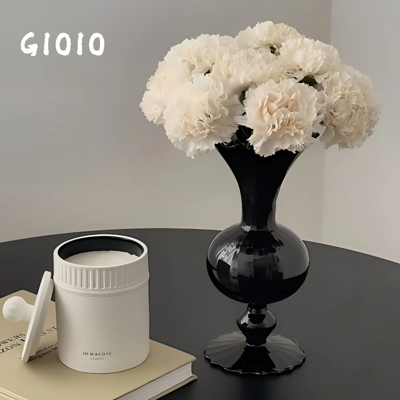 ins黑色玻璃花瓶插花透明水培富贵竹高档装饰摆件高级感网红