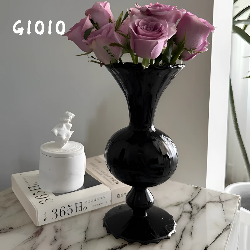 GIOIO高级感黑色轻奢玻璃透明花瓶水培鲜花水养插花高档客厅摆件