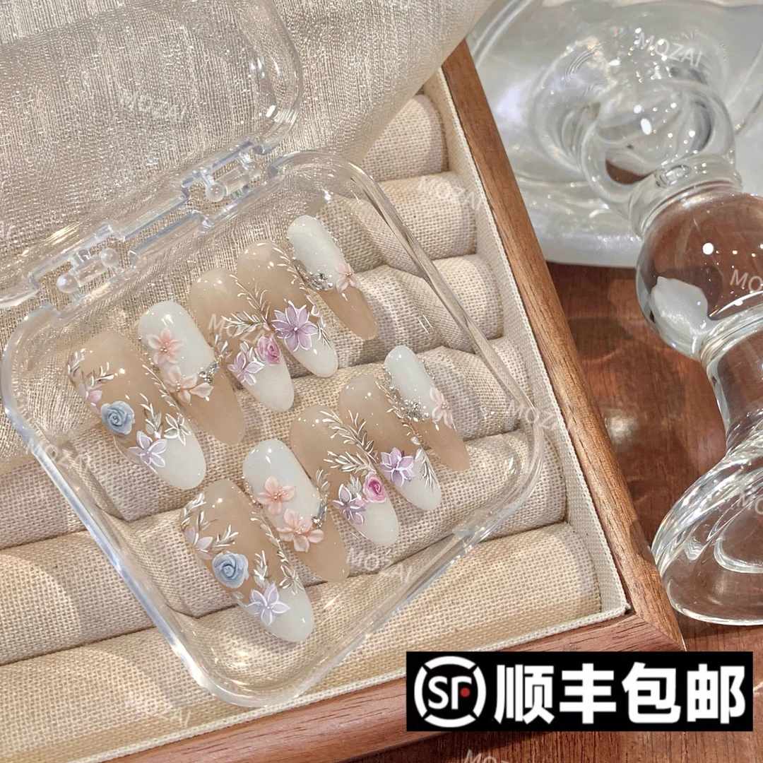 茉哉高定【水彩手绘/白瓷】纯手工定制美甲穿戴甲F0056m